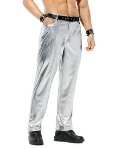 lot 353 image: Arjen Kroos Mens Metallic Disco Shiny Pants Wedding Party Prom Straight Leg Trousers,Sliver,Medium - Retail $30