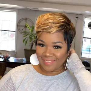 lot 354 image: LEOSA Short Bob Blonde Pixie Cut Wig with Bangs, Ombre Brown Mixed Black Highlight with Side Bangs Synthetic Natural Wig for Black Women - Retail $22