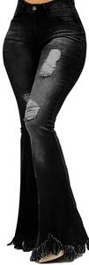 lot 376 image: Skinny Bell Bottom Jeans for Women Elastic High Waisted Ripped Flared Jeans Raw Hem Tassels Wide Leg Denim Pants 70s Outfits(Black,XXXLarge) - Retail $33