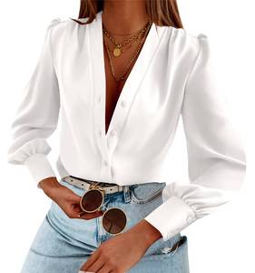 lot 385 image: Womens Business Casual Tops Summer Long Sleeve Button Down Shirts V Neck Chiffon Blouses A-White Large - Retail $20