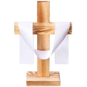 lot 386 image: Qunclay 11.8 Standing Rustic Pine Wood Cross Decor, Religious Tabletop Centerpiece with Ribbon, He Is Risen Decoration for Home, Church, Baptism, Communion, Lent, Easter(White,1 Pcs)