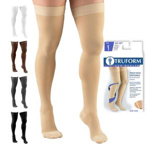 lot 392 image: Truform 20-30 mmHg Compression Stockings for Men and Women, Thigh High Length, Dot Top, Closed Toe, Beige, Large - Retail $25