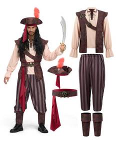 lot 393 image: Spooktacular Creations Mens Caribbean Pirate Costume Adult Sea Captain Robber Costume for Halloween Dress Up Party, Cosplay Party-L - Retail $43