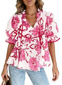 lot 397 image: PRETTYGARDEN Womens Summer Tops 2026 Cute Puff Sleeve Ruffle V Neck Babydoll T-Shirts Boho Floral Spring Peplum Shirts(Pink Floral,X-Large) - Retail $32
