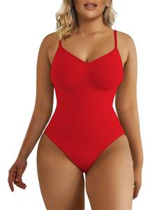 lot 401 image: SHAPERX Womens Seamless Shapewear Bodysuit Tummy Control Body Shaper Waist Snatching Body Suit,SZ5215-Red-SM - Retail $39