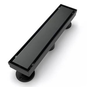 lot 470 image: SaniteModar Linear Shower Drain, Black Shower Drain 12 inch with Flat & Tile Insert 2 in 1 Panel, Black Shower Floor Drain with Hair Strainer and Leveling feet - Retail $38