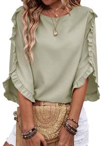 lot 472 image: EVALESS 34 Length Sleeve Womens Tops Dressy Casual Blouses Trendy Crewneck Ruffle Sleeve Shirts Fashion 2026 Spring Summer Clothes Business Office Work Tops Green Medium - Retail $15