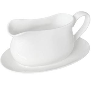 lot 481 image: 17oz Gravy Boat with Saucer Stand, Set of 1, Ceramic Sauce Boat with Tray for Salad Dressings,ketchup�� Creamer, Broth, Black Pepper, White - Retail $20