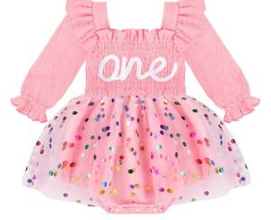 lot 493 image: HONGTEYA Baby Girl 1st Birthday Outfit First Birthday Gifts Long Sleeve Tulle Dress One Year Old Bodysuit Clothes - Retail $15