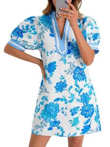 lot 495 image: Wenrine Womens Summer Mini Dress Casual Floral Puff Sleeve V Neck Color Block Loose Boho Beach Dresses with Pockets Sky Blue Medium - Retail $37