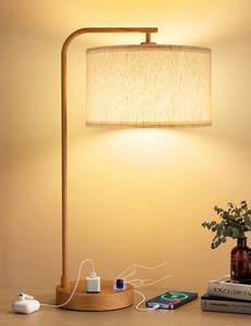 lot 501 image: Innqoo Wood Tall Table Lamp with USB Port and Outlet, Dimmable Nightstand Bedside Lamps with Linen Lampshade, Desk Lamp for Bedroom, Living Room, Guest Room, Home Office, LED Bulb Included - Retail $46