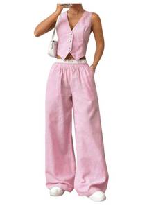 lot 513 image: Milumia Womens 2 Pcs Outfits Striped V Neck Button Blazer Vest Pants Tracksuit Pink, TOP IS SIZE MEDIUM,PANTS SIZE X-SMALL - Retail $37