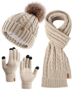 lot 516 image: FURTALK Womens Winter Hat Gloves Scarf Set Fleece Knit Pom Beanie Warm Neck Warmer Touchscreen Gloves 3 in 1 Gift Set - Retail $20