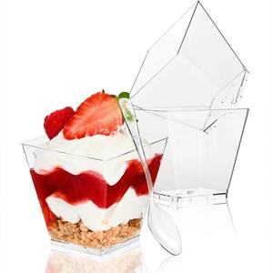 lot 517 image: TOFLEN 50 Pack 3.5 oz Plastic Dessert Cups with Spoons, Irregular Square Mini Dessert Bowls for Party Trifle, Yogurt Parfait, Pudding, Appetizers - Retail $10