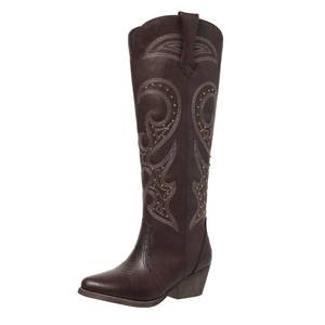 lot 520 image: Pre Owned SelRoys Cowboy Boots for Women Cowgirl Knee High Wide Calf with Embroidered Chunky Heel Pull-on Western Tall Boots, brown, 9
