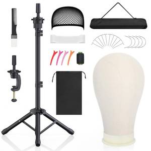 lot 529 image: Hemndic Wig Stand with Head, Height Adjustable Wig Stand, Wig Head Stand with Mannequin Head with Extra Wig head Clamp Stand - Retail $29