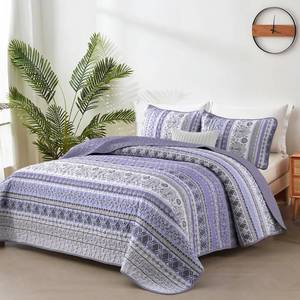 lot 543 image: Goodidea Lilac Boho Quilt Set Queen Size, 3 Piece Light Purple Bohemian Striped Bedspread Coverlet Set with 2 Pillow Cases Lightweight Soft Microfiber Bedding Set for All Seasons (96x90) - Retail $30