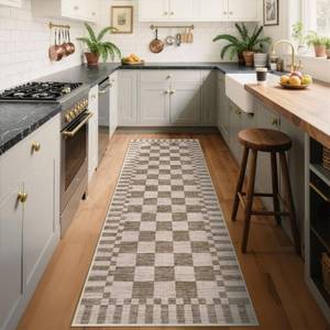 lot 561 image: GarveeHome 2�6 Kitchen Runner Rug Non Slip Brown Checkered Rug,Washable Runner Rug for Hallway Soft Low-Pile Geometric Tan Brown Print Checkerboard Rugs for Entryway Kitchen Dining Room - Retail $40