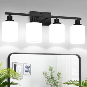 lot 563 image: MOKATNG 4-Light Bathroom Light Fixtures, Vanity Light with Milky White Shades, Matte Black Bathroom Light Fixtures Over Mirror, Modern Bathroom Wall Lamp for Mirror Living Room Cabinet Bedroom - Retail $60