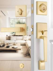 lot 564 image: 1 Set Entry Door Handle and Single Cylinder Deadbolt Lock and Key, Brass Front Door Lock - Heavy Duty Square Locking Lever Set - Exterior Door Handle in Satin Brass Finish - Retail $60