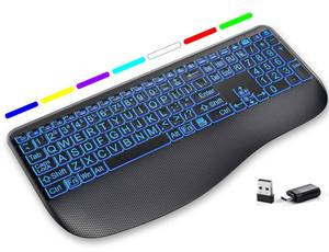 lot 565 image: Large Print Backlit Wireless Keyboard �� Ergonomic Keyboards with Wrist Rest, 7-Color Light up, Quiet Low Profile Keys, 2.4G Wireless Rechargeable Full Size Keypad for Computer Laptop Windows, Black - Retail $30