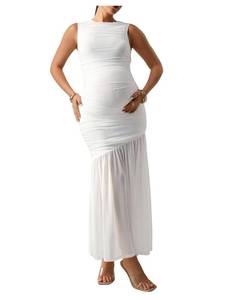 lot 569 image: MakeMeChic Womens Maternity Summer Dresses Sleeveless Ruched Ruffle Bodycon Pregnancy Maxi Tank Dresses White Small