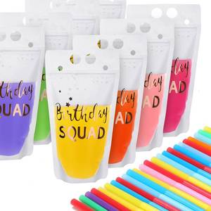 lot 571 image: Patelai 20 Pieces Birthday Juice Pouches for Adults with Straws Heavy Duty Hand-held Translucent Reclosable Zipper Smoothie Pouches Stand-up Plastic Bags for Birthday Party Supplies - Retail $9