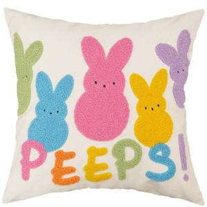 lot 575 image: GEEORY 18x18 Inch Canvas Easter Embroidered Pastel Bunny Peeps Pillow Cover, Farmhouse Easter Decor Cushion Case for Living Room, Sofa & Bed - Retail $8