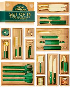 lot 581 image: Grow Forward Bamboo Drawer Organizer Boxes - Set of 14 Wooden Drawer Organizers for Kitchen, Bathroom, Office, Desk, Vanity, Makeup - Non-Slip Junk Drawer Organizer Trays for Storage and Organization - Retail $36