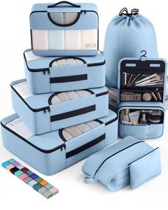 lot 586 image: Veken 8 Set Packing Cubes for Travel Essentials, Suitcase Organizer Bags in 4 Sizes, Carry-On Luggage Accessories with Large Laundry & Hanging Toiletry Bag, Must-Have for Airplane, Road Trip & Camping - Retail $10