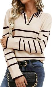 lot 3447 image: Womens Polo Sweater Long Sleeve V Neck Striped Collared Pullover Fall Sweater Tops 2025 SIZE XL, COLOR BROWN