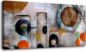 lot 3471 image: YARUITU Modern Abstract Canvas Wall Art,Geometric Still Life with Colorful Circles and Vases,Contemporary Artwork for Living Room or Bedroom,20 x 40 Inch Framed Ready to Hang