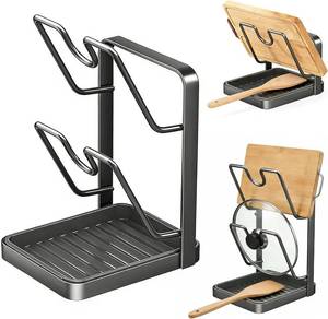 lot 3492 image: Pot Lid Holder,304 Stainless Steel Pot Lid Holder While Cooking,Kitchen Pot Lid Storage Rack, Removable Drip Tray, Multifunctional Kitchen Organizer Stand for Countertop (Gray, Double-layer)