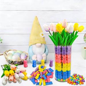 lot 3497 image: Easter Decorations, Peeps Decor, A Set of 16 Tulips, 48  Bunnies, and A Bag of Easter Egg Vase Stuffing, Spring Easter Bunny Eggs Interior Decorative Table Ornaments (Easter)