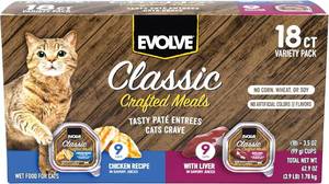 lot 3500 image: Evolve Classic Crafted Meals Cat Food Variety Pack - Chicken Recipe & Liver Recipe 3oz (Pack of 18)