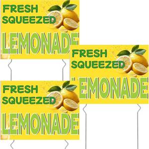 lot 3517 image: 3 Pcs Lemonade Sign,12 x 16 Fresh Squeezed Lemonade Yard Lawn Sign with Steel Stakes Double Sided Lemonade Stand Birthday Party Decorations for Lemonade Stand Supplies Store Home Outdoor