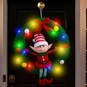 lot 3541 image: 34 Hanging Christmas Decorations, Christmas Elf in Wreath with Colorful LED Lights, Xmas Creative Funny Novelty Ornament, Stuffed Santa Home Decor for Wall Fireplace Door Balcony
