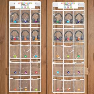 lot 3544 image: 2 Pack Over The Door Hanging Classroom Headphone Storage Organizer with 30 PVC Clear Pockets, 6 Hooks & Number Stickers for School Library Office