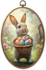 lot 3547 image: GMCDFHRQ Vintage Easter Bunny Oval Wall Decor, 8.3 x 11.6 Traditional Rabbit Holding Woven Basket of Easter Eggs Wall Art, Framed Print (006)