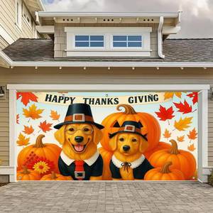 lot 3548 image: HOMETITUTE Thanksgiving Garage Door Banner 13x6ft Golden Retrievers Pumpkins Theme Backdrop SeasonalDecor Fall Door Cover Banners for Outside Garage Wall Covering for Party Garage Decorations
