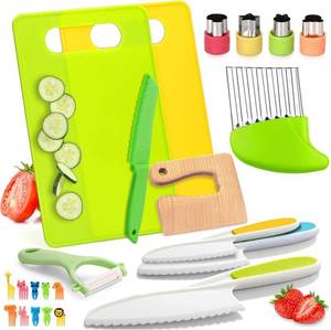 lot 3549 image: 23 Pcs Kids Knife Set for Real Cooking, Montessori Kitchen Toys for Toddlers Kids Cooking Sets, Toddler Knife Set with Plastic Children Safe Knives, Wooden Knife, Potato Slicers, Peeler, Cutting Board