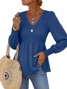 lot 3556 image: HEYTALALA Womens Long Sleeve Shirts V Neck Peplum Tops Dressy Casual Smocked Babydoll Blouses 2026 Spring Trendy Outfits SIZE XL