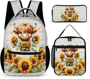 lot 3584 image: Highland Cow Backpack with Lunch Box & Pencil Case, 16 Inch Cute Highland Cow Themed Bookbag, Adjustable Lightweight Large Capacity, Colorful Backpack Set for Kids Girls Boys School