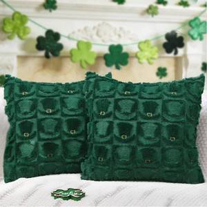 lot 3589 image: St Patrick s Day Pillow Covers Set of 2, Green Hat Irish Soft Plush Fluffy Faux Fur Jacquard Decorative St. Patrick s Day Holiday Farmhouse Cushion Case for Sofa 18 x 18 Inch