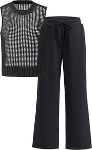 lot 3828 image: Women Two Piece Outfits Crochet Sheer Knit Sweater Sleeveless Top Wide Leg Pants Lounge Matching Sets Travel Sweatsuit SIZE M