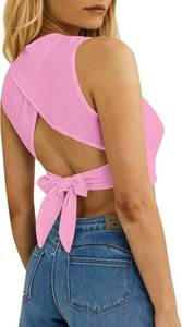 lot 3837 image: Remidoo Womens Casual Sleeveless Crewneck Ribbed Knit Tie Back Crop Tank Top SIZE L