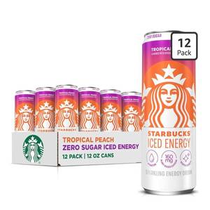 lot 4105 image: Starbucks Iced Energy Drink, Tropical Peach, Zero Sugar Energy Drink, Plant Based Caffeine, Hydration, Mental Clarity, 12 Fl Oz Cans (Pack of 12