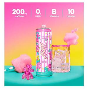 lot 4106 image: Alani Nu COTTON CANDY, Sugar Free, Low Calorie Energy Drinks, 200mg Caffeine, Biotin, B Vitamins, Zero Sugar, 10 Calories, 12 Fl Oz Cans, 8 Pack