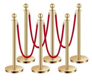 lot 4128 image: VEVOR Stanchions and Velvet Ropes 6Pcs, Hollow Base with Stainless Steel Post, 4 Red Velvet Ropes and Posts, Crowd Control Barriers Gold Stanchions,