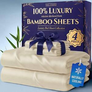 lot 4156 image: DECOLURE 100% Viscose Derived from Bamboo Sheets Queen Size - Luxury 4 Pc Naturally Cooling Sheets, Ultra Soft Bed Set - Deep 17 Pockets, Durable Double Stitching, Oeko Tex Standard (Creme)